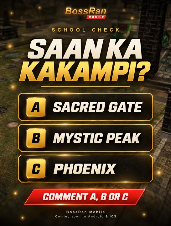 School poll poster: which side are you on? A Sacred Gate, B Mystic Peak, C Phoenix. Comment A, B or C.